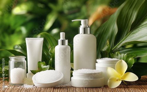 Enhance your decor with spa essentials like glowing natural skincare organic cosmetics body care products and tropical decor designed to create a peaceful wellness concept for total rejuvenation