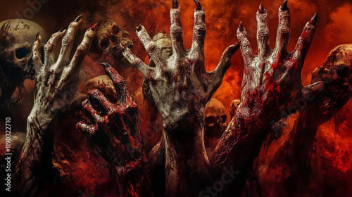 Cartoon scary hands with banners and scrolls, vampire, werewolf, skeleton and Halloween zombie, vector. Creepy monsters and dead arms with horror signs or party posters, blood on nail claws of ogres photo