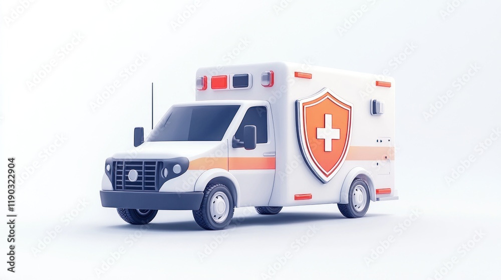 3D render of a white ambulance with a shield and cross symbol. 3D render of a white ambulance with a shield and cross symbol.