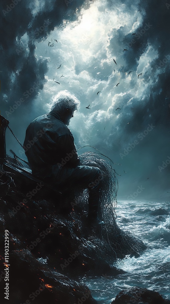 Obraz premium Solitary Fisherman at Sunset Dramatic Ocean Scene