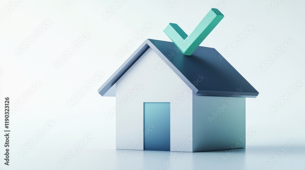 3D rendering of a house with a checkmark on top, signifying approval, completion, or success in real estate or homeownership. 3D rendering of a house with a checkmark on top, signifying approval, completion, or success in real estate or homeownership.