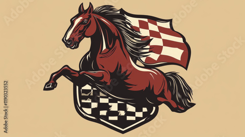 Horse race icon with racing checkered flag. Mustang running graphic element. Vector design for sport club emblem, bookmaker signboard, team shield, badge, label