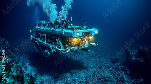 Underwater robot and ROV cartoon characters. Vector robot bathyscaphe and submarine, autonomous and unmanned underwater vehicles with manipulator arms and propellers, sea exploration manipulators