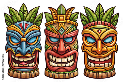 Three wooden faces with smiling mouths. On transparent background. Png file
