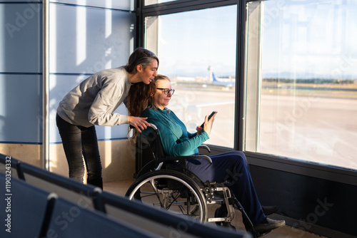 Passenger with disability using mobile phone assisted by airport staff