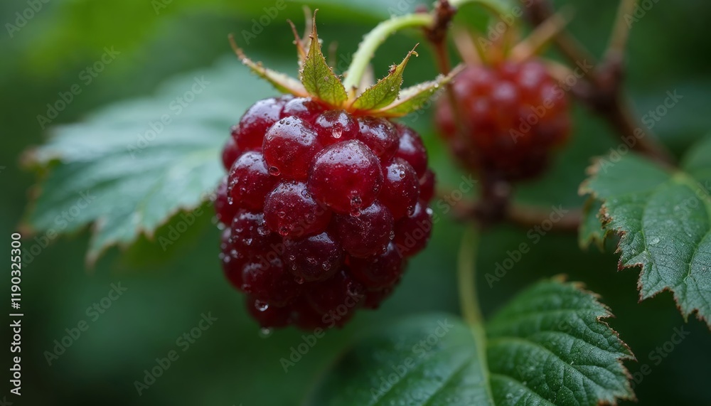 Close up of a ripe raspberry on the branch. Fresh, juicy berry. Close up of a ripe raspberry on the branch. Fresh, juicy berry.