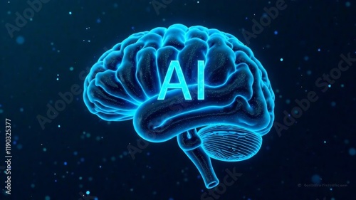 side view of blue human brain with ai lettering on dark background