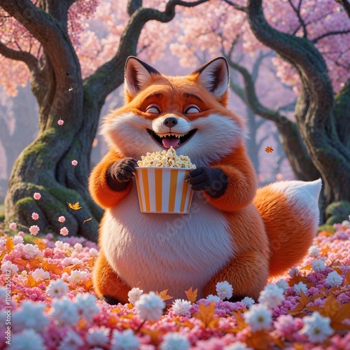 a cute orange fox with a fat body relaxing in a forest with deciduous cherry trees while eating popcorn, animal generative ai. photo