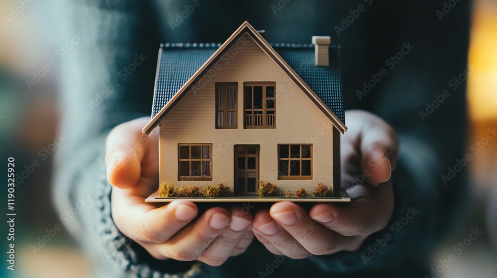 Close up of Hands Holding a Miniature House, Home Ownership Concept Close up of Hands Holding a Miniature House, Home Ownership Concept