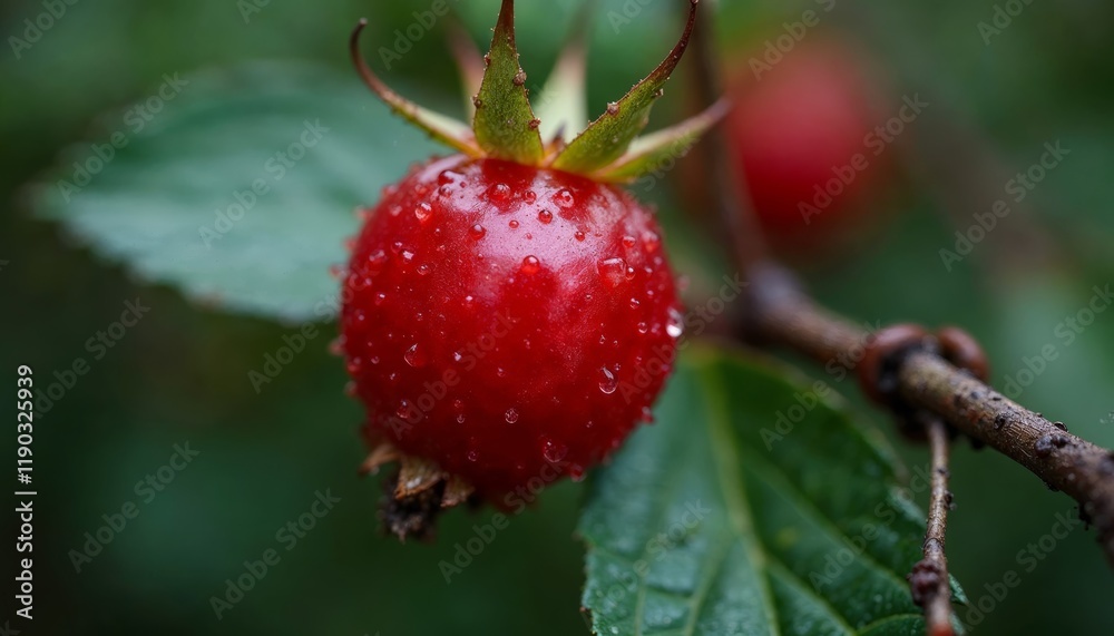 Obraz premium Close up of a single red berry with water droplets.