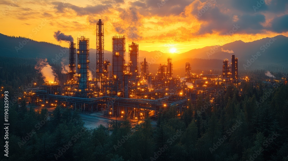 Illuminated industrial refinery at sunset, nestled in a mountain forest. Illuminated industrial refinery at sunset, nestled in a mountain forest.