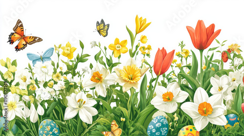 Easter spring flowers greeting banner set. Flower and coloured Easter egg floral bunches with tulip, lily, narcissus, snowdrop, willow tree twig, green leaves, butterfly and wishes of Happy Easter photo