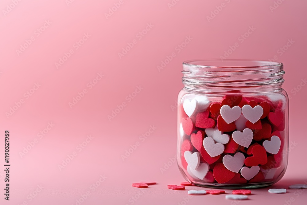 Mini heart red and white in jar Greeting card for Valentine's day with copy space Mini heart red and white in jar Greeting card for Valentine's day with copy space