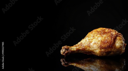 Golden roasted whole chicken with crispy skin against dark background creating dramatic food photography with area for copy space