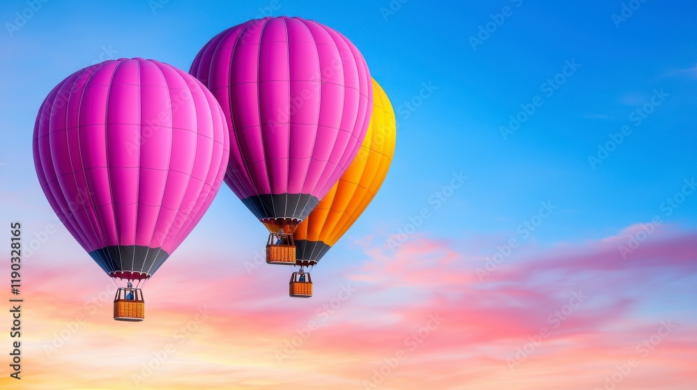 Fototapeta premium Three hot air balloons are flying in the sky, one of which is pink