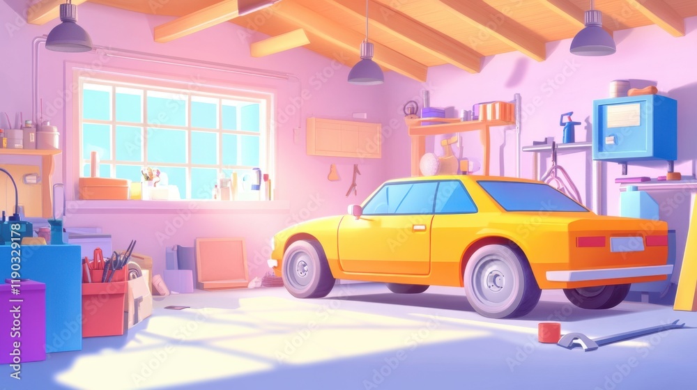Naklejka premium Bright Orange Car in Colorful Garage with Tools and Equipment