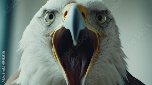 Intense Close-Up of a Screeching Bald Eagle Captured Indoors with Stunning Detail. photo