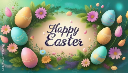 Bright Happy Easter greeting card with easter eggs and flowers