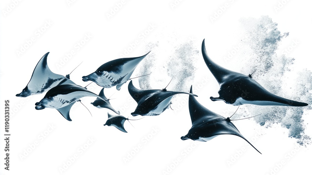 Fototapeta premium A school of manta rays gracefully swimming in the ocean, depicted in a monochromatic blue tone against a white background.