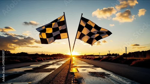 Two large checkered flags, icons of motor sport on empty racetrack during sunrise. Concept of motorsport, tournament