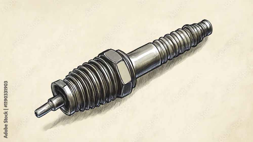 Sparkplug hand drawn vehicle spare part isolated monochrome icon. Vector sparking plug in thick cylinder head, automobile or motorcycle spare part. Auto gear, engine maintenance and service detail Sparkplug hand drawn vehicle spare part isolated monochrome icon. Vector sparking plug in thick cylinder head, automobile or motorcycle spare part. Auto gear, engine maintenance and service detail