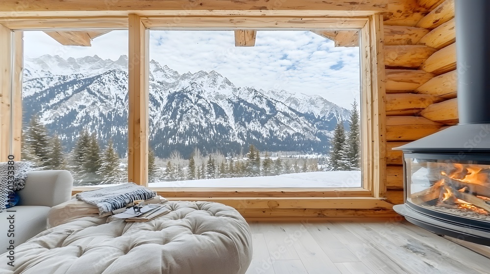 Cozy Cabin Interior with Mountain View Fireplace and Comfortable Seating Cozy Cabin Interior with Mountain View Fireplace and Comfortable Seating