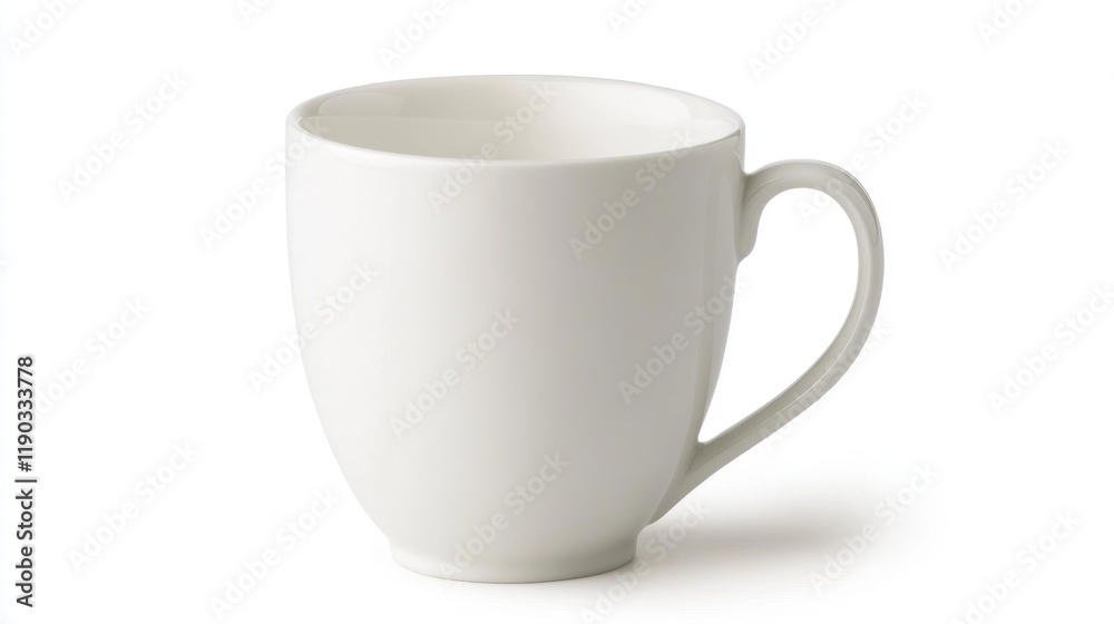 A simple white ceramic mug with a curved handle, isolated on white background. A simple white ceramic mug with a curved handle, isolated on white background.