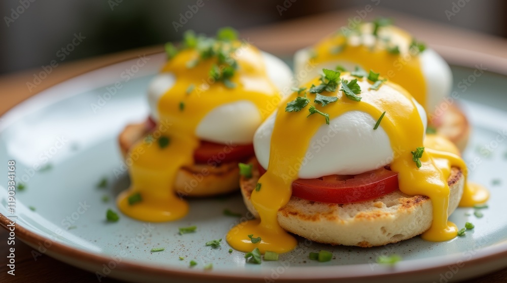 Eggs Benedict featuring poached eggs on toasted English muffins Eggs Benedict featuring poached eggs on toasted English muffins