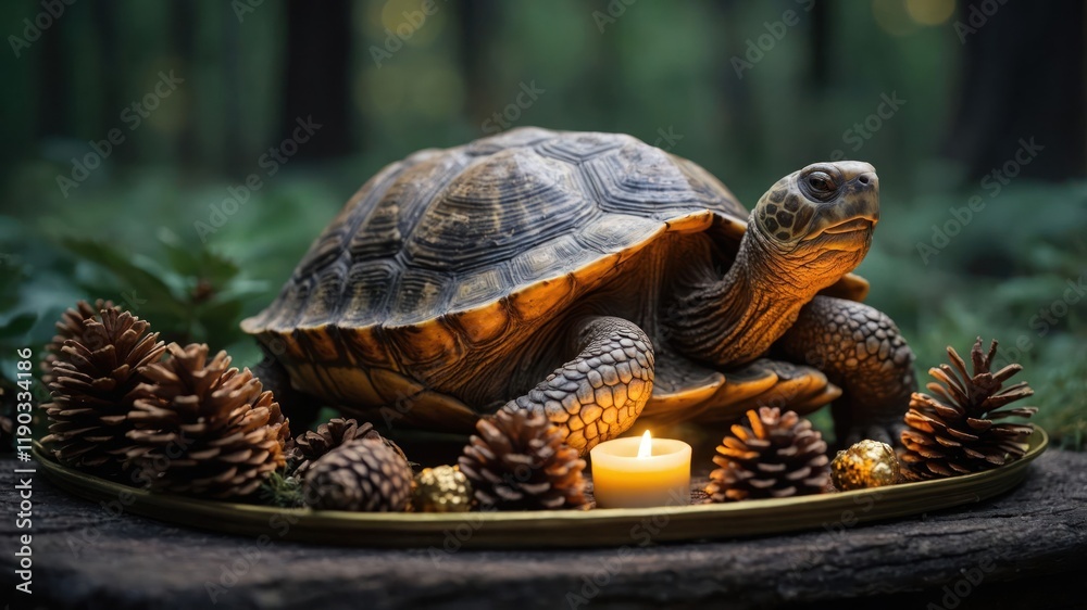 Naklejka premium A turtle surrounded by pinecones and a candle in a serene forest setting.
