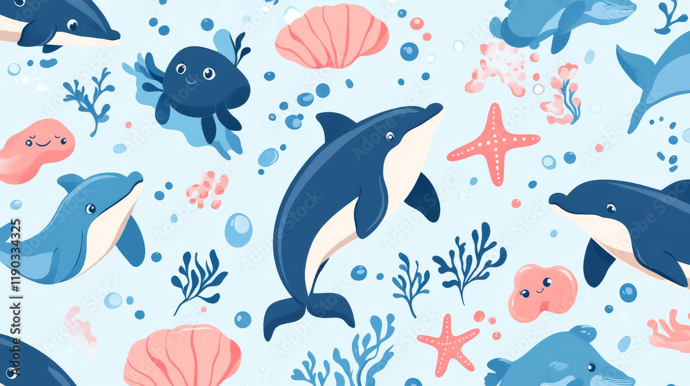World oceans day banner with dolphin, seal and sea animals. Vector environmental and conservation awareness with underwater landscape and cartoon marine creatures like seahorse, starfish and jellyfish