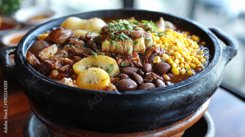 Brazilian cuisine traditional snacks and meals, vector menu cover. Brazilian feijoada beans stew, churrasco meat, fish bacalhau and mango fried beef salad, seafood shrimp moqueca and corn coup photo