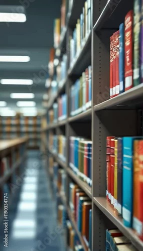 a library with rows of bookshelves filled with colorful books. Focus on a few books in the foreground, with the rest of the library shelves blurred in the background
