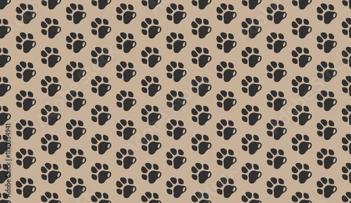 Modern Black Paw Print Seamless Pattern on Beige Background.