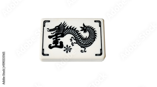 Mahjong Tile with a Black Dragon Design on White Background