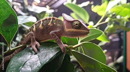 A Close-Up Shot of a Juvenile Panther Chameleon on Lush Green Foliage photo