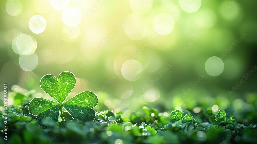 Clover Field in Sunlit Morning Glow, A peaceful meadow of lush green clovers basking in soft sunlight, with a bright, blurred bokeh background evoking calm and serenity.

