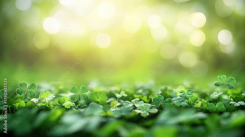 Obraz premium Clover Field in Sunlit Morning Glow, A peaceful meadow of lush green clovers basking in soft sunlight, with a bright, blurred bokeh background evoking calm and serenity.
