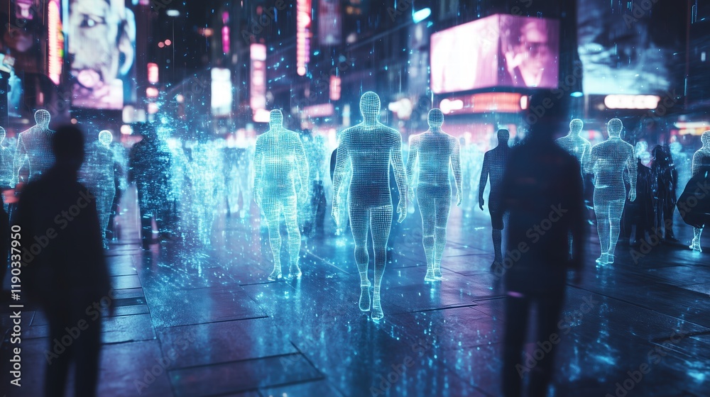 Futuristic Urban Scene Depicting Human Transformation Into Digital Beings Walking Through a Vibrant Neon Cityscape at Night Futuristic Urban Scene Depicting Human Transformation Into Digital Beings Walking Through a Vibrant Neon Cityscape at Night