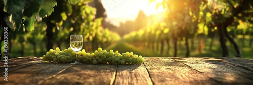 Vineyard Sunset: White Wine Glass with Grapes on Wooden Table, Golden Hour