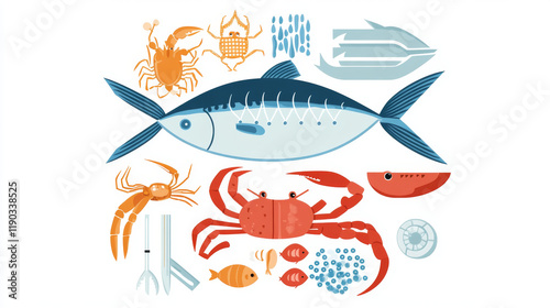 Fishing infographics of vector fish and seafood statistics. Fishery ship or boat industry data graphs, charts and diagrams. Fisher catch of crab or lobster, shrimps and squids, tuna and salmon photo