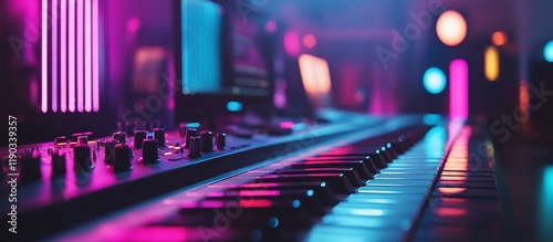 Synthwave Studio: Neon Lights Illuminate a Music Production Keyboard photo