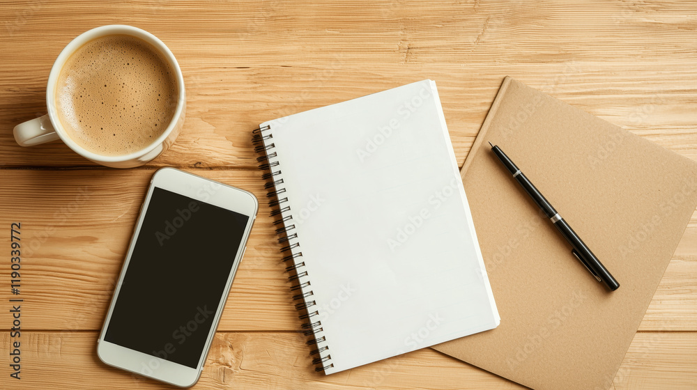 Workspace Essentials with Coffee, Notebook, Smartphone, and Pen Workspace Essentials with Coffee, Notebook, Smartphone, and Pen