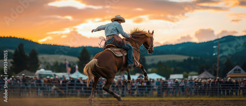 Cowboy Riding Horse at Sunset During Rodeo Event in Outdoor Arena photo