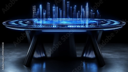 Futuristic Table Displays Holographic Cityscape photo