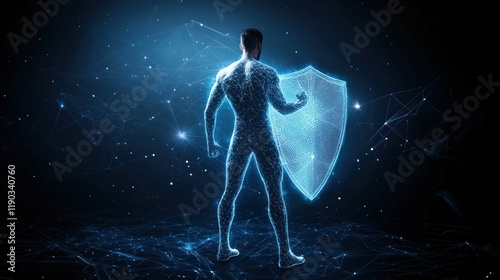 Digital Warrior with Shield in a Futuristic Cybersecurity Concept Art