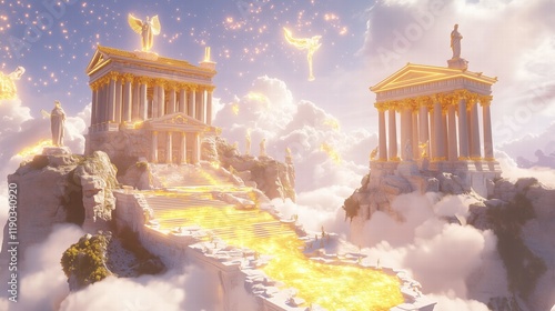 Spectacular Fantasy Image Depicting Ancient Greece Glory Atop Mount Olympus with Divine Architecture and Mystical Golden Light