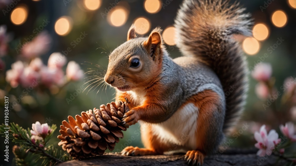 A squirrel holding a pine cone amidst flowers and soft lights. A squirrel holding a pine cone amidst flowers and soft lights.