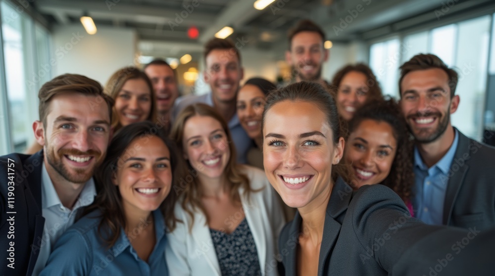 Coworkers posing for a group selfie in a professional office setting, smiling and showing team spirit in a casual, cheerful atmosphere. Coworkers posing for a group selfie in a professional office setting, smiling and showing team spirit in a casual, cheerful atmosphere.