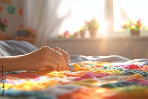 Morning Crafting A Cozy Bedroom Scene with Sunlit Yarn Work and Relaxing Atmosphere photo