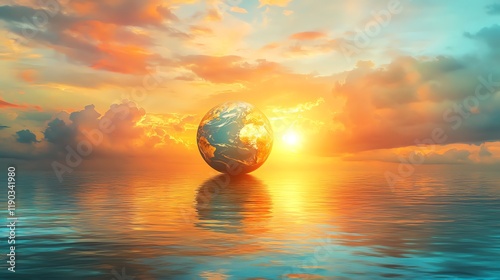 Golden Earth Globe at Sunset: A Serene Ocean Reflection